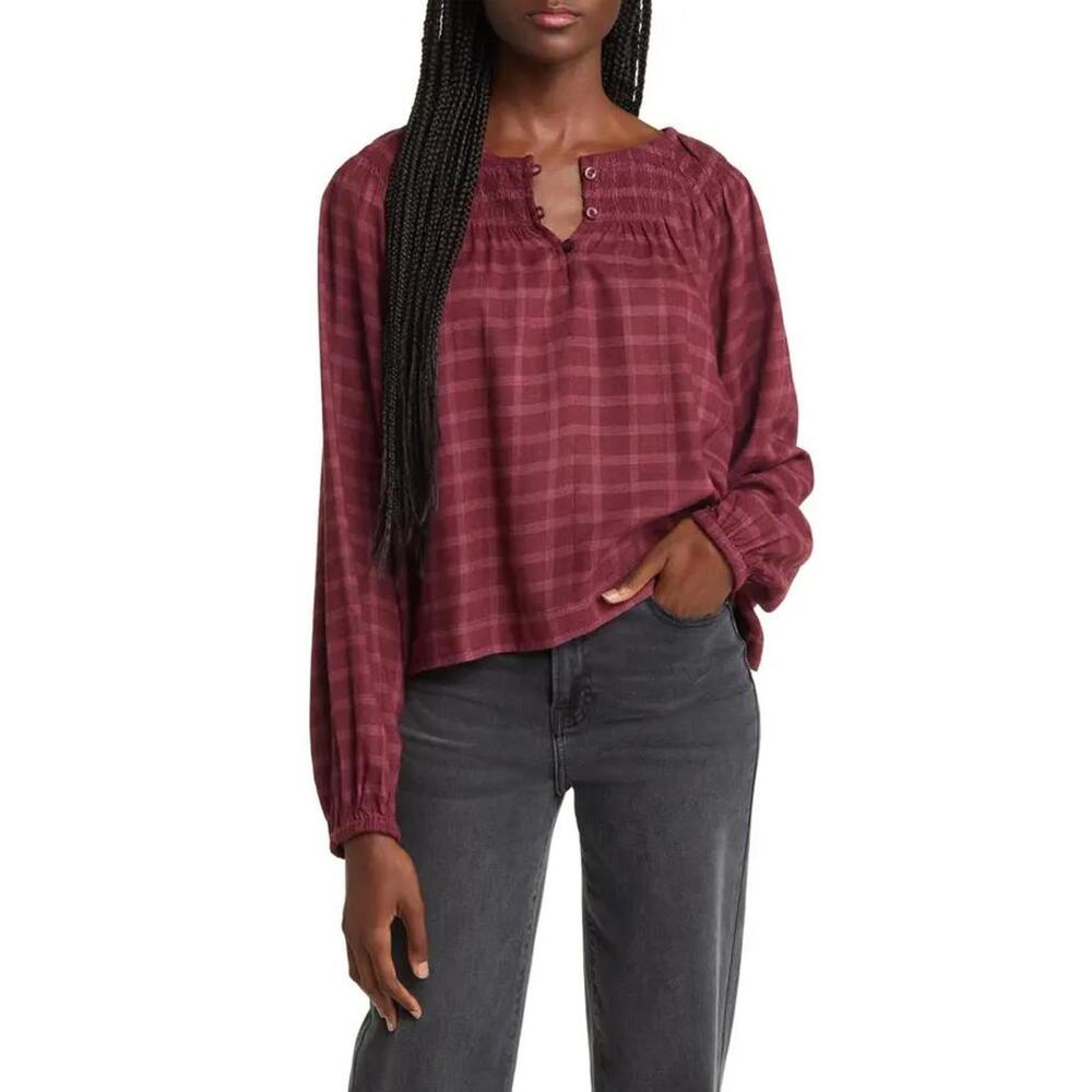 Treasure + Bond Windowpane Plaid Smocked Top